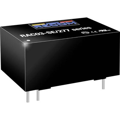 Čierna elektronická súčiastka s nápisom 'RAC03-SE/277 series', obsahuje CE a RoHS označenie, dva zástrčkové kontakty v spodnej časti.