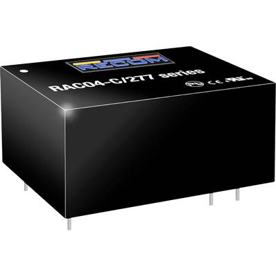 Čierna elektronická súčiastka s nápisom 'RAC04-C/277 series' a logom značky. Vhodná pre elektronické aplikácie.