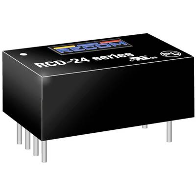 Čierna elektronická súčiastka série 'RCD-24' od firmy Recom, s viacerými kolíkmi na spodnej strane určená na montáž na dosku plošných spojov.