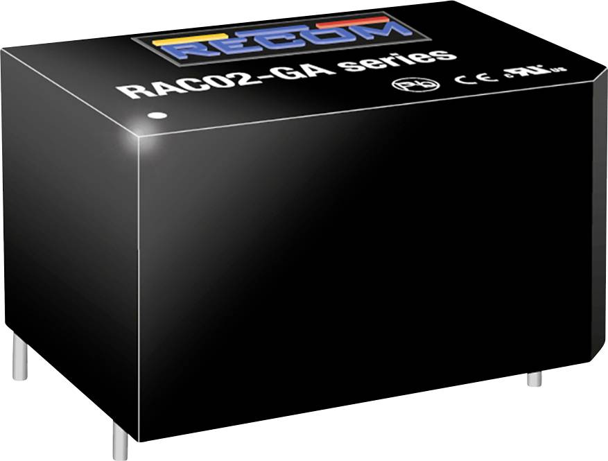 Čierna, obdĺžniková súčiastka s nápisom 'RAC02-GA series', označená CE a RoHS symbolmi. Elektronický menič napätia.