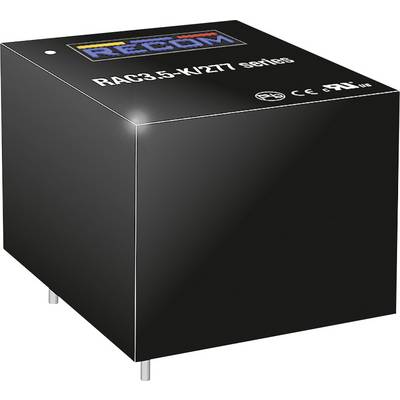 Sieťový zdroj RAC3.5-K/277 od RECOM, čierny v tvare kocky, s označením CE a technickými špecifikáciami na povrchu.