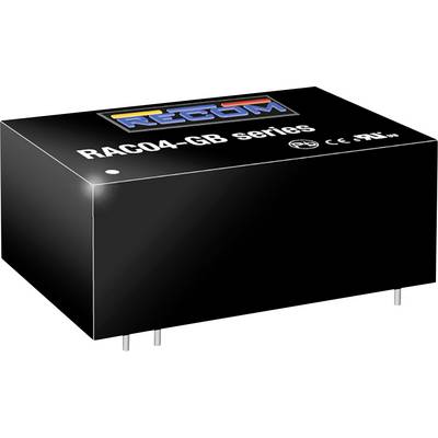 Elektronický modul série 'RAC04-GB' od firmy RECOM, čierne puzdro so štyrmi kontaktnými kolíkmi, firemné logo viditeľné v hornej časti.