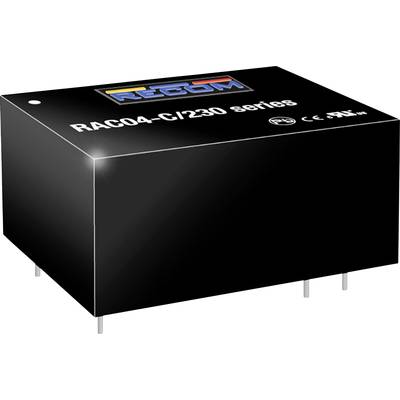 Čierna, obdĺžniková elektronická súčiastka s nápisom 'RAC04-C/230 series' a označeniami CE a RoHS.