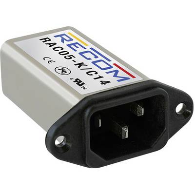Obrázok AC-DC spínaného napájacieho zdroja od spoločnosti RECOM s modelovým číslom RAC05-K/C14. Obdĺžnikový kovový kryt s čiernou plastovou prednou stranou.