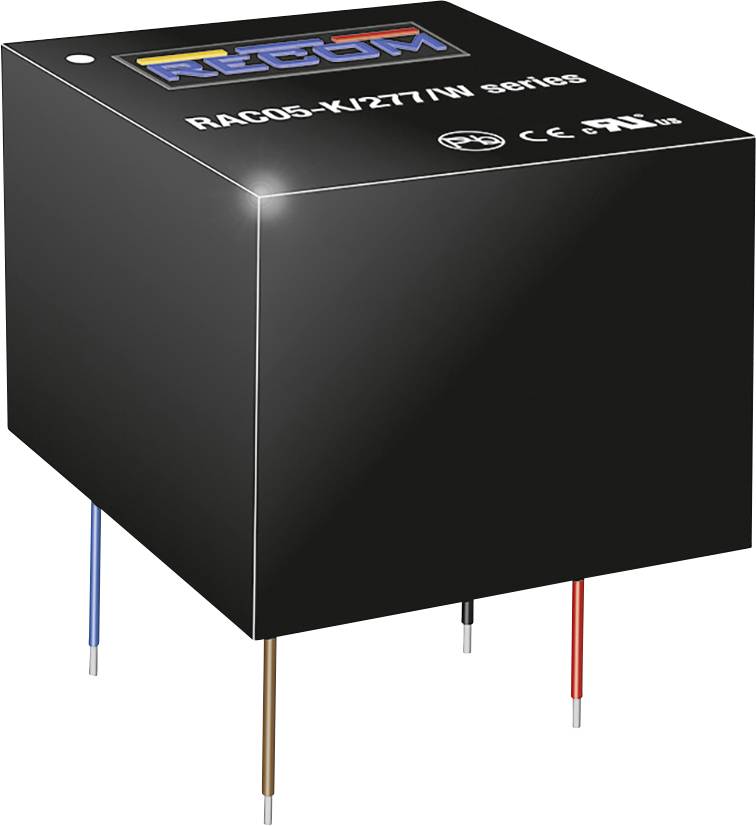 Čierna elektronická súčiastka s nápisom 'RAC05-K/277/N series' a niekoľkými pripájacími kolíkmi na spodnej strane.