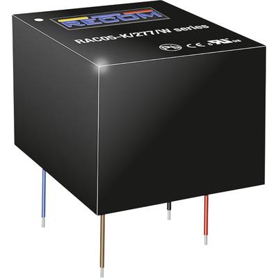 Čierna elektronická súčiastka s nápisom 'RAC05-K/277/N series' a niekoľkými pripájacími kolíkmi na spodnej strane.