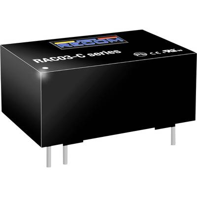 Čierna elektronická súčiastka značky RECOM, séria RAC03-C. Zobrazuje logá pre CE a ďalšie certifikácie.