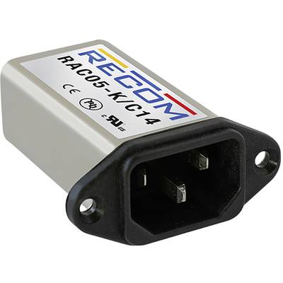 Elektrická zástrčka s nápisom 'RECOM RAC05-K/C14', vhodná pre elektronické zariadenia. Sú zobrazené certifikáty CE a UL.