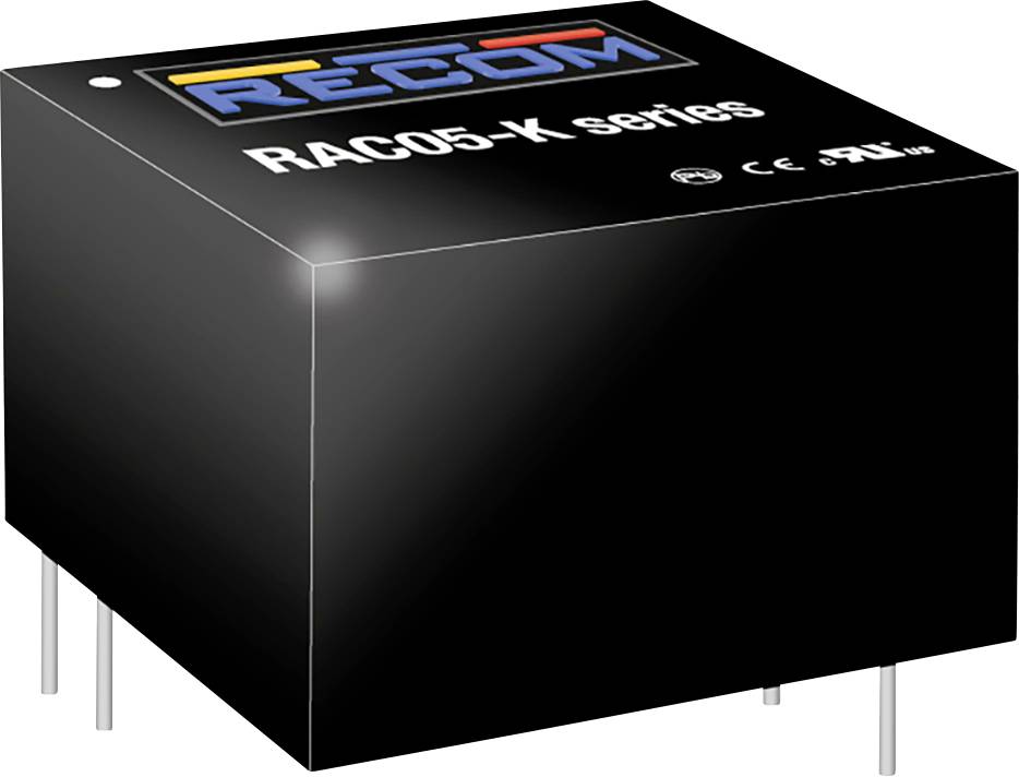 'Čierna elektronická súčiastka s nápisom "RAC05-K séria", certifikačnými značkami CE a UL, ako aj logom výrobcu.'