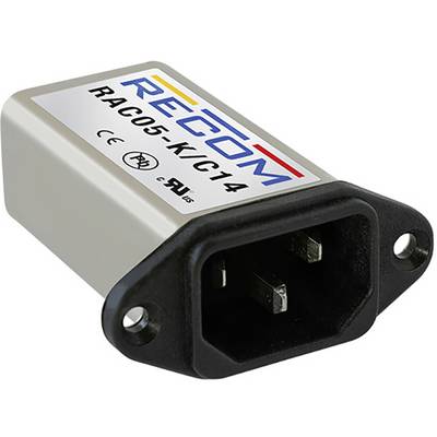 Napájací modul s nápisom 'RECOM RAC05-K/C14'. Obsahuje CE označenie a skúšobné značky. Vhodný pre elektrické zariadenia.