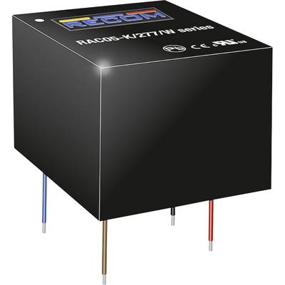 Čierny elektronický komponent s nápisom 'RAC05-K/277/N series', so štyrmi vyčnievajúcimi pripájacími drôtmi v rôznych farbách.