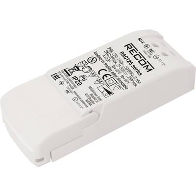Biely LED driver od spoločnosti RECOM zo série 'RACV25'. Má vstupné napätie 100-240V, 50/60Hz, je klasifikovaný ako IP20 a má certifikáciu CE.