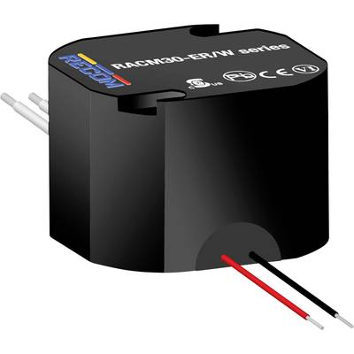 Sieťový zdroj série RACM30-ER/W od RECOM, s čiernym krytom a troma výstupnými vodičmi, vhodný pre rôzne elektronické aplikácie.