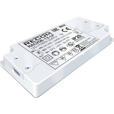 LED napájací zdroj značky RECOM, model RACV06-12, s technickými špecifikáciami a certifikáciami na hornej strane.