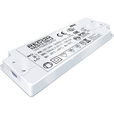 Elektronický LED driver od RECOM, model RACD12-350/PL/3, biely kryt s technickými špecifikáciami a certifikáciami.
