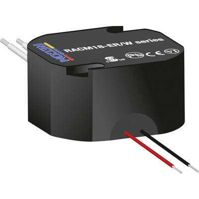 Čierna elektronická súčiastka s bielymi a červenými káblami. Označenie: 'RACM18-ER/W séria', bezpečnostné a kvalifikačné certifikáty.