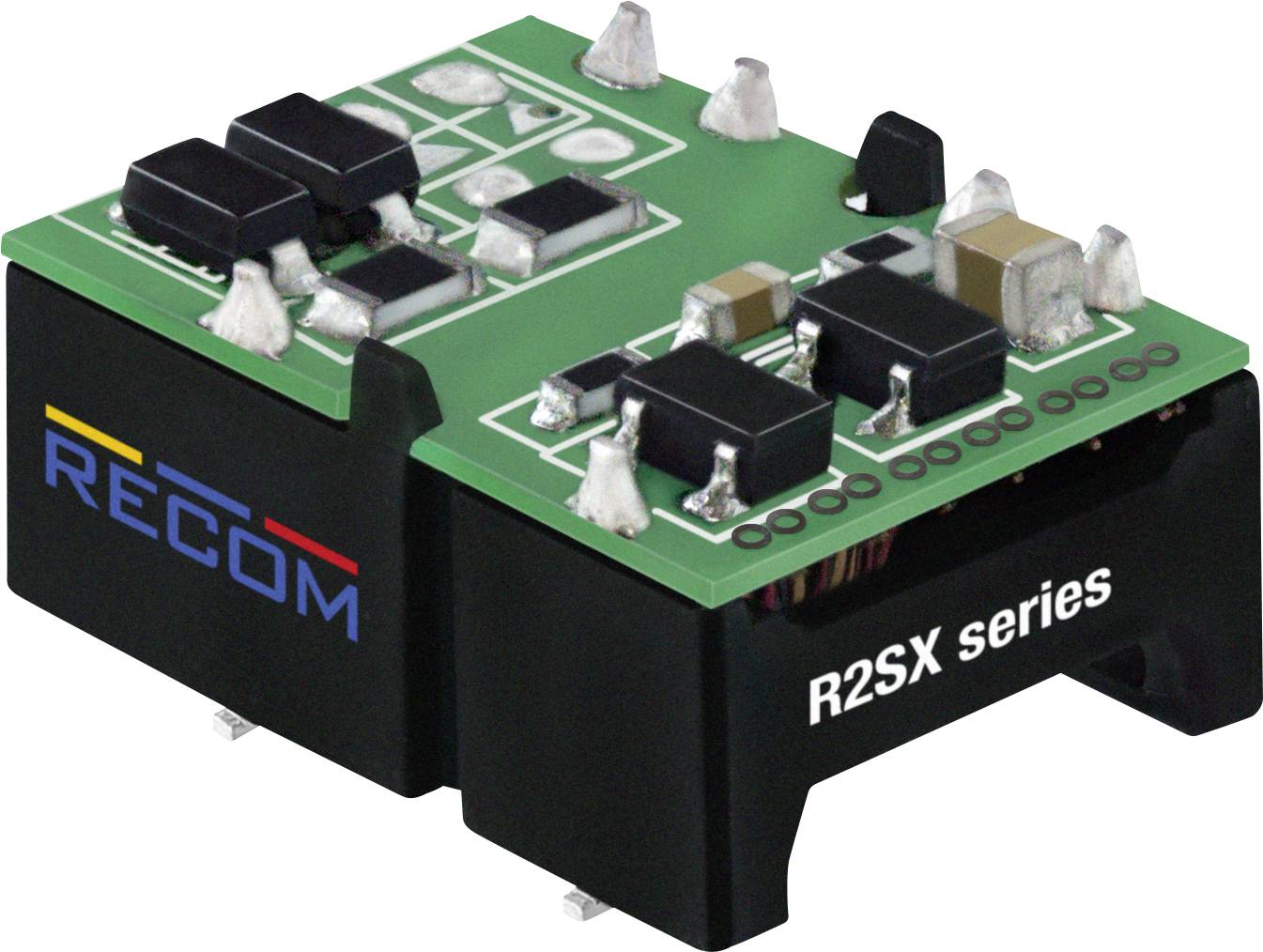 Miniaturný DC/DC menič série 'R2SX' od RECOM s zelenou doskou plošných spojov a elektronickými komponentmi na vrchu.