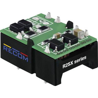 Miniaturný DC/DC menič série 'R2SX' od RECOM s zelenou doskou plošných spojov a elektronickými komponentmi na vrchu.