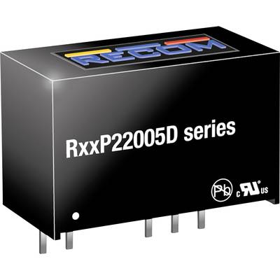 Čierny elektronický komponent od spoločnosti RECOM s nápisom 'RxxP22005D series', spodné piny sú viditeľné. Logá sú na prednej strane.