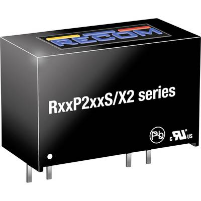 Čierny obdĺžnik s popisom 'RxxP2xxS/X2 series', na ktorom je logo spoločnosti RECOM. Elektronická súčiastka s viacerými pinmi.