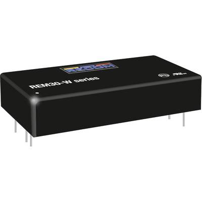 Čierny obdĺžnikový transformátor s nápisom 'REM30-W séria'. Model pre elektronické aplikácie s viacerými prípojkami.
