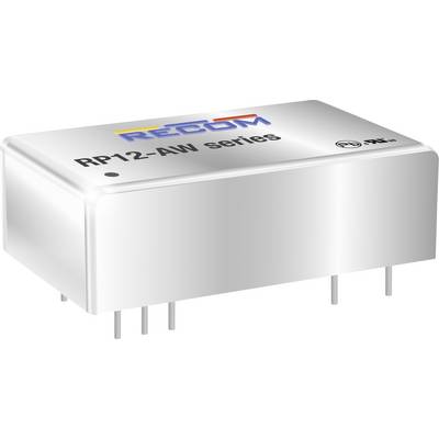 Strieborná, obdĺžniková elektronická súčiastka s nápisom 'RECOM RP12-AW series', niekoľko pinov dole.