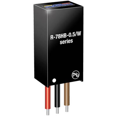 Obdĺžnikový čierny stabilizátor napätia s nápisom 'R-78HB-0.5/W series' a troma farebnými pripájacími vodičmi.