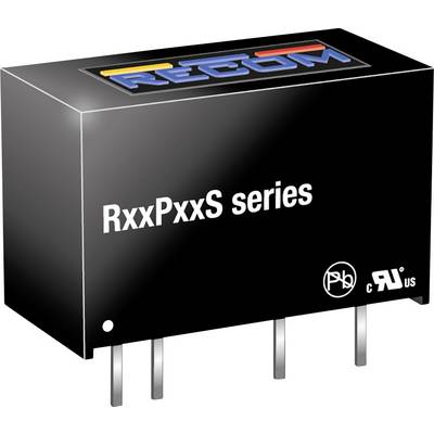 Modulový náčrt elektronickej súčiastky série 'RxxPxxS' od firmy RECOM s kolíkmi pre montáž, pravdepodobne menič napätia alebo podobné zariadenie.