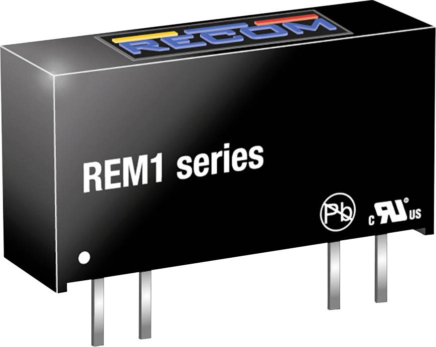 Modul série REM1 s kolíkmi; čierne puzdro s logom výrobcu hore. Použitie v elektronických zariadeniach.