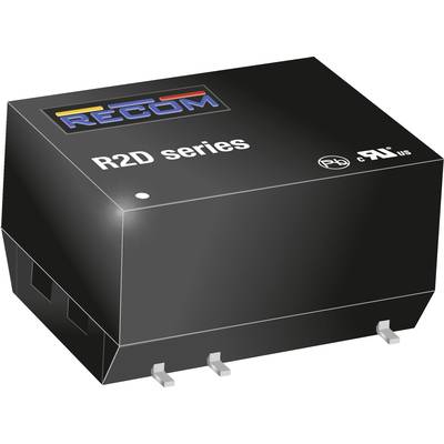 Čierny elektronický modul s nápisom 'RECOM R2D séria' zobrazuje produktové a značkové označenie na povrchu.