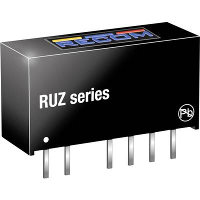Čierna elektronická súčiastka série 'RUZ' od firmy RECOM s viacerými zástrčkovými kontaktmi; obdĺžnikový tvar.