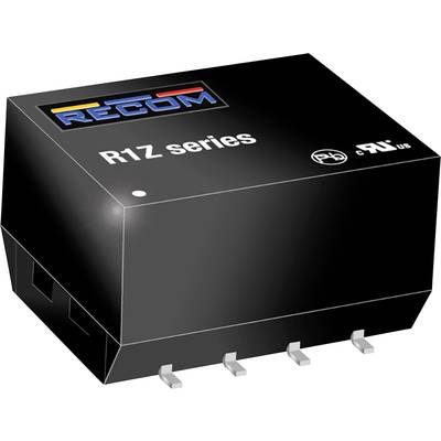 Čierny elektronický komponent série 'R1Z' od spoločnosti RECOM s pripájacími kolíkmi. Text 'Pb' a certifikačné logá na povrchu.