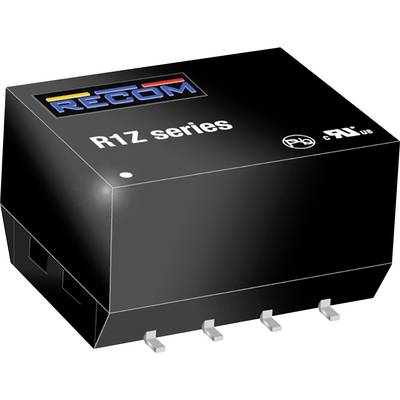 'Čierna elektrická súčiastka s nápisom R1Z series a logom RECOM, s kovovými kolíkmi na spodnej strane určenými na montáž.'