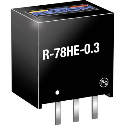 Čierna elektronická súčiastka s nápisom 'R-78HE-0.3', tri kovové kolíky dole a farebným logom hore.