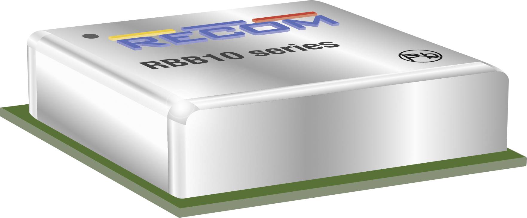 Štvorcový elektronický modul s nápisom 'RECOM RBB10 series'. Pravdepodobne ide o menič napätia.