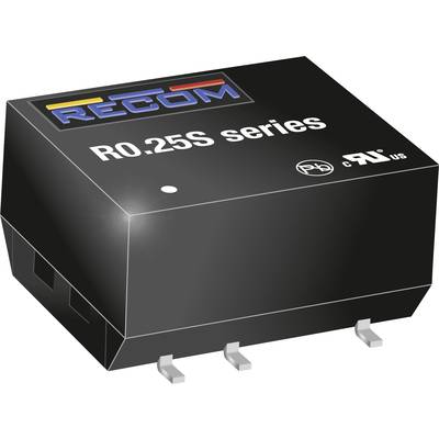Modul série RECOM R0.25S, čierna elektrická súčiastka s farebným logom a tromi striebornými pripájacími kolíkmi dole.