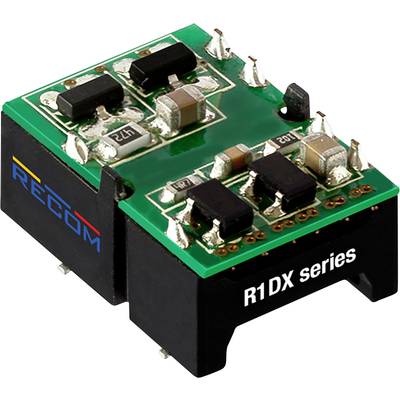 Zelená elektrická súčiastka s viacerými čiernymi a striebornými komponentmi, označená ako 'RECOM R1DX series'.