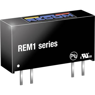 Elektronická súčiastka série REM1 od spoločnosti Recom s tromi pinmi, čiernym puzdrom, bielym textom a logom značky na vrchu.