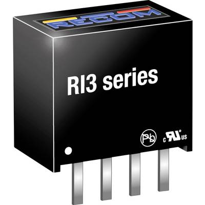 Obrázok elektronickej súčiastky série 'RI3' od spoločnosti RECOM so štyrmi pripájacími pinmi, vhodnej pre rôzne aplikácie napájania.