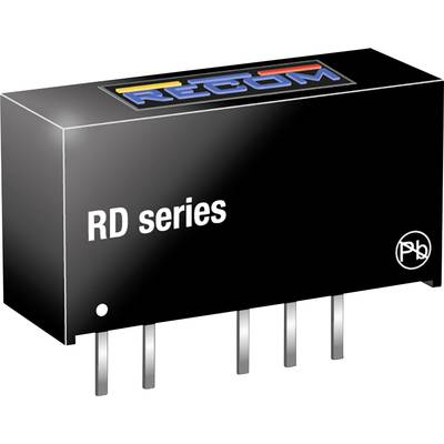 Čierna elektronická súčiastka série 'RD' so štyrmi kovovými kolíkmi. Hore je logo so žltým, modrým a červeným pruhom.