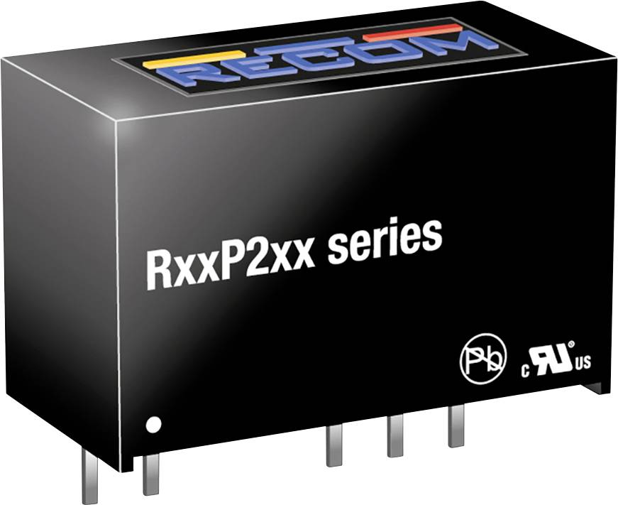 Obrázok zobrazuje obdĺžnikový, čierny elektronický komponent s nápisom 'RxxP2xx series' a 'RECOM' v hornej časti.