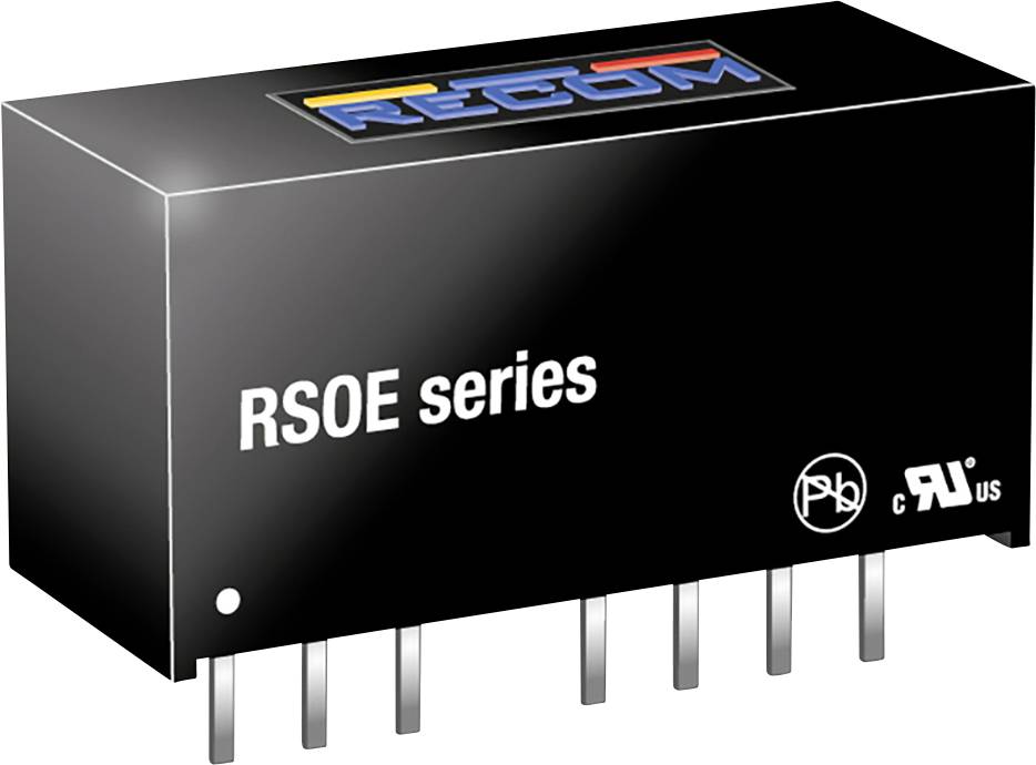 Čierny, obdĺžnikový elektronický komponent s nápisom 'RSOE series', niekoľkými pinmi dole a logom hore.