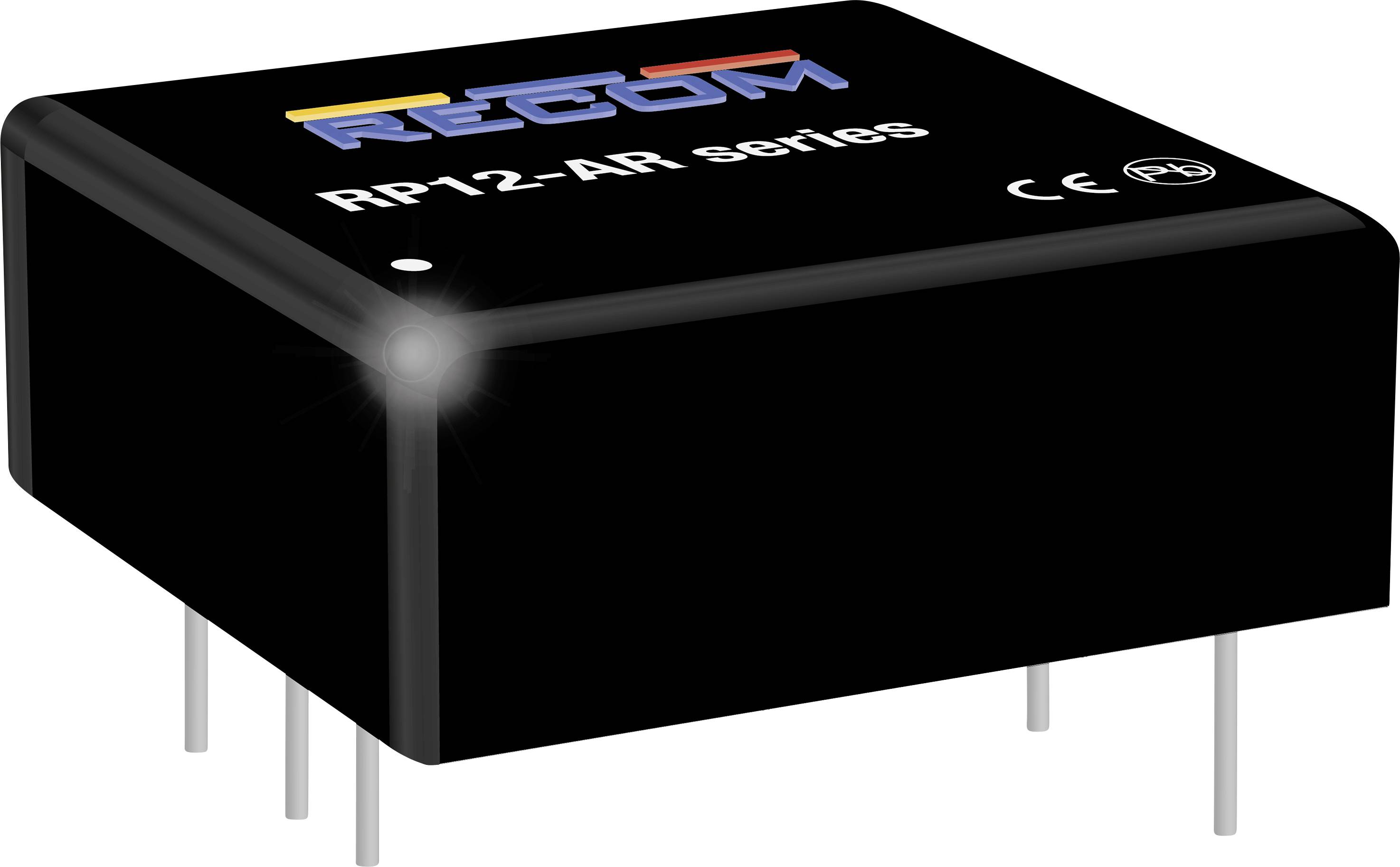Štvorcový čierny elektronický komponent s nápisom 'RECOM RP12-AR series' a označením CE.