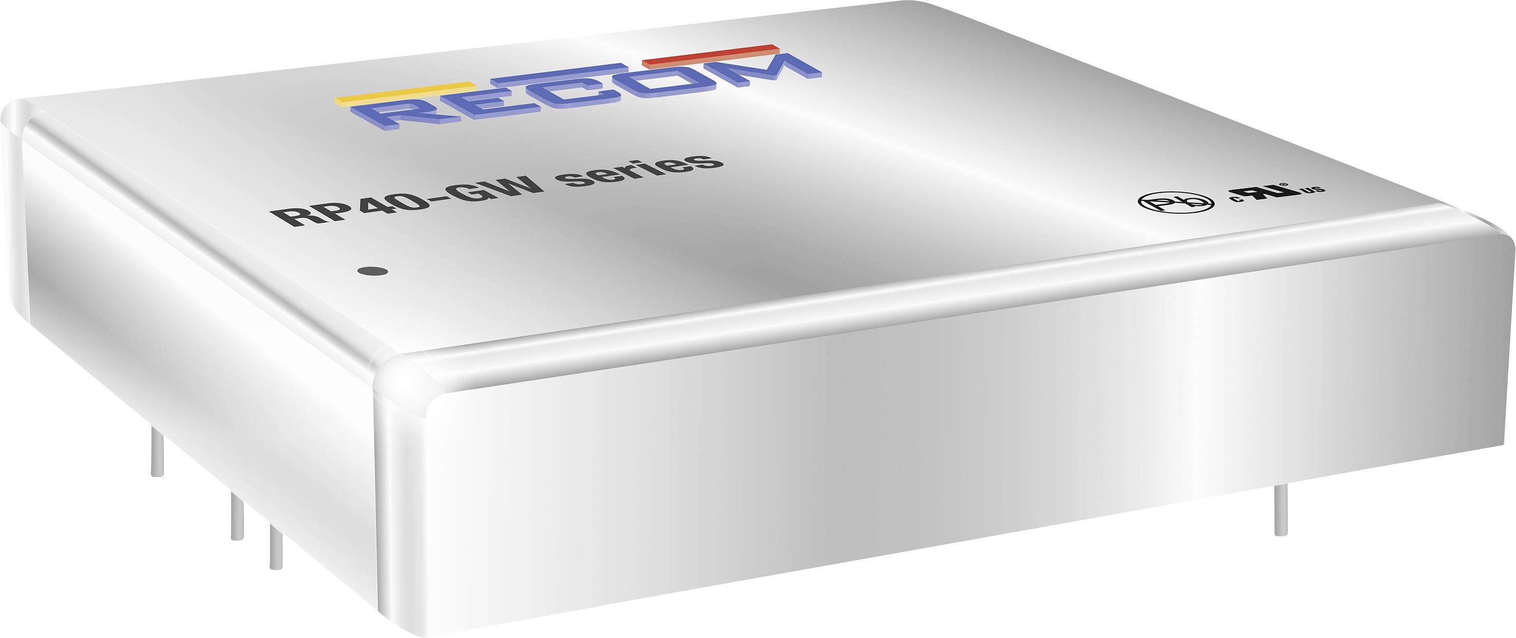 Elektronická súčiastka série 'RP40-GW' od firmy RECOM v striebornej farbe s kolíkmi na montáž, využívaná na konverziu napätia.