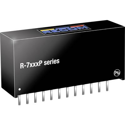 Na obrázku je čierny elektronický komponent zo série 'R-7xxxP' od spoločnosti RECOM, s viacerými pinmi na dolnom okraji.