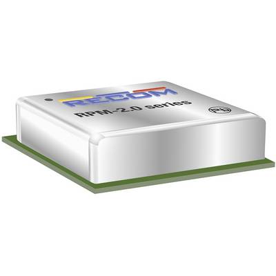 Štvorcová strieborná elektronická súčiastka s nápisom 'RECOM RPM-2.0 series' na hornej strane a zeleným podstavcom.