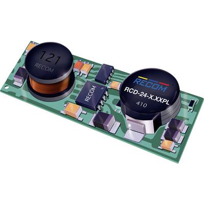 Elektronická doska plošných spojov s viacerými komponentmi vrátane veľkých valcovitých súčiastok a vyznačených oblastí s nápisom 'RECOM'.