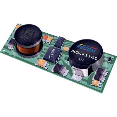 Elektronická doska plošných spojov s kondenzátormi a rezistormi. Dva veľké valcové komponenty nesú nápisy '121' a 'RCD-24-X.XXPL'.