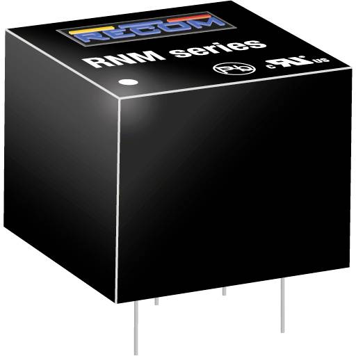 Čierna elektronická súčiastka s nápisom 'RINM series', firemným logom a certifikátmi. Má tri pripájacie kolíky.