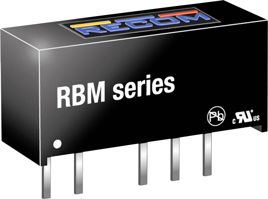 Elektronická súčiastka s nápisom 'RBM séria' a farebným logom na hornej strane. Spodná sekcia s kovovými pinmi.